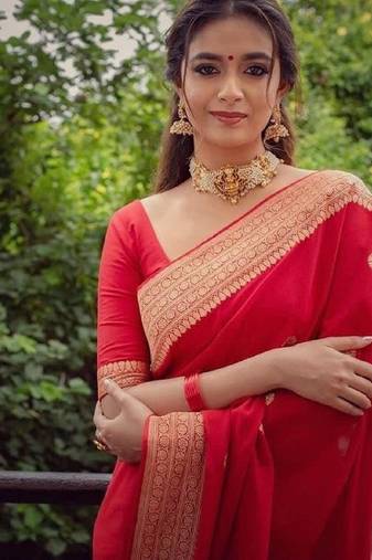 red soft art silk banarasi jacuard work designer party wear saree with unstitched blouse piece