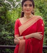 red soft art silk banarasi jacuard work designer party wear saree with unstitched blouse piece