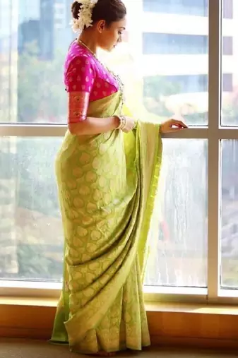 parrot green pink soft art silk banarasi jacuard work designer party wear saree with unstitched blouse piece