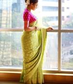 parrot green pink soft art silk banarasi jacuard work designer party wear saree with unstitched blouse piece