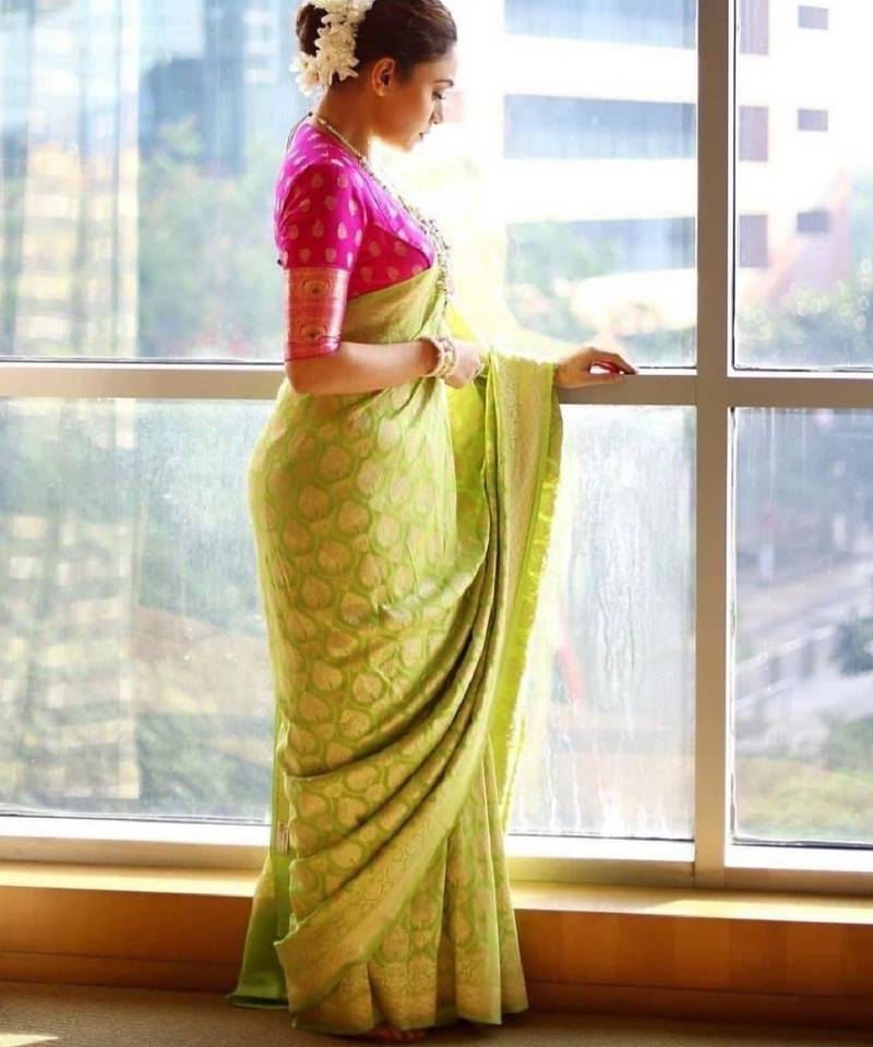 parrot green pink soft art silk banarasi jacuard work designer party wear saree with unstitched blouse piece