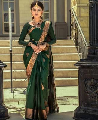 Bottle Green silk blend banarasi saree with unstitched blouse piece 1