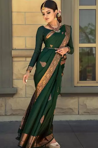 Bottle Green soft art silk banarasi jacuard work designer party wear saree with unstitched blouse piece