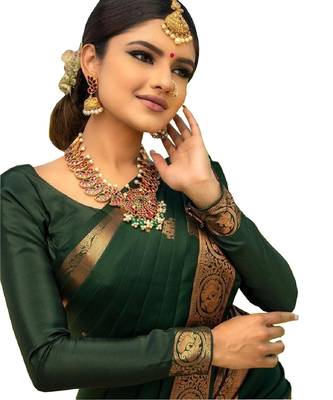 Bottle Green silk blend banarasi saree with unstitched blouse piece 3