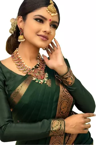 Bottle Green soft art silk banarasi jacuard work designer party wear saree with unstitched blouse piece