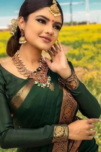 Bottle Green soft art silk banarasi jacuard work designer party wear saree with unstitched blouse piece