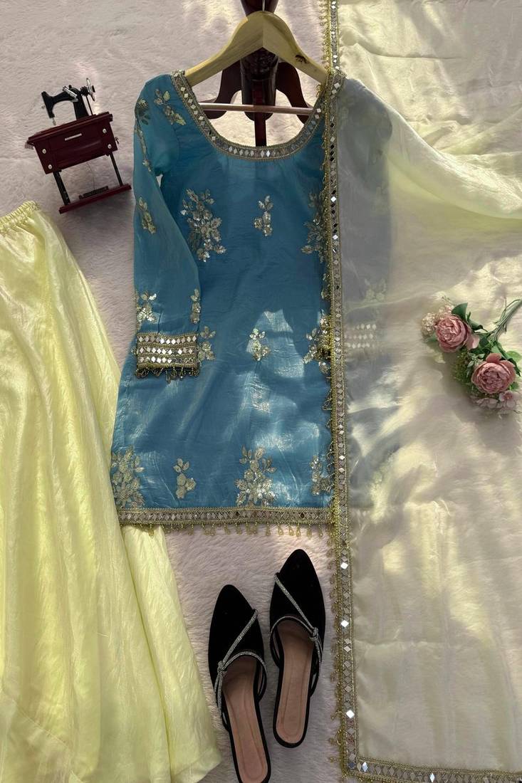 sky blue embroidered sharara set