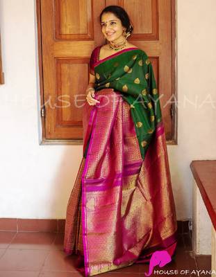 green silk blend banarasi saree with unstitched blouse piece 1