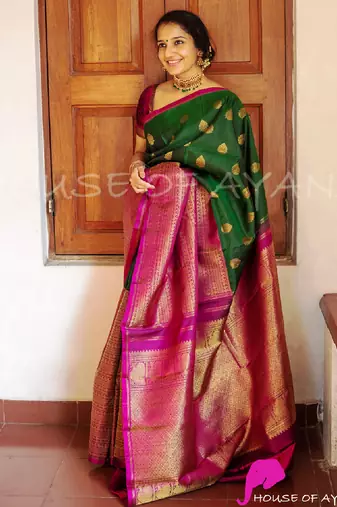 ghreen soft art silk banarasi jacuard work designer party wear saree with unstitched blouse piece