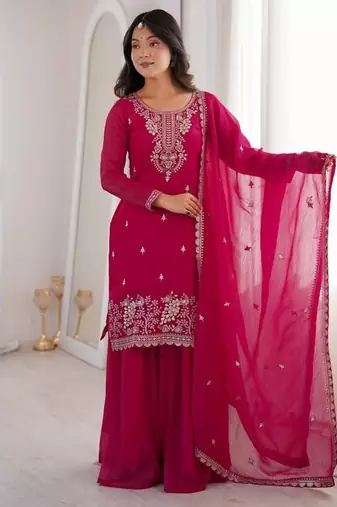 hot pink embroidered kurta with sharara & dupatta