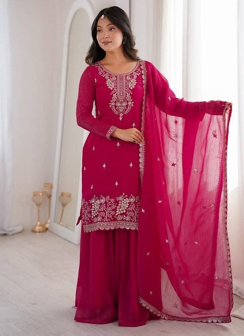 hot pink embroidered kurta with sharara & dupatta
