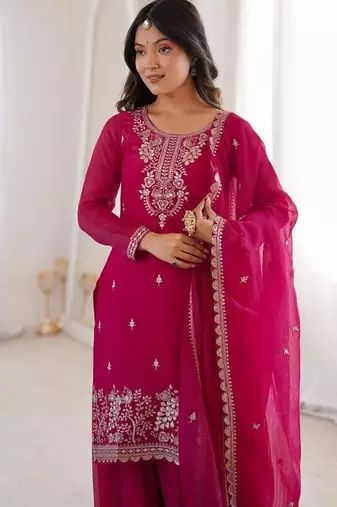 hot pink embroidered kurta with sharara & dupatta