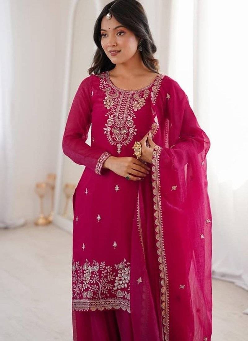 hot pink embroidered kurta with sharara & dupatta