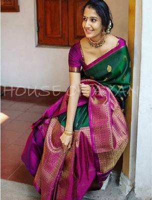 green silk blend banarasi saree with unstitched blouse piece 2