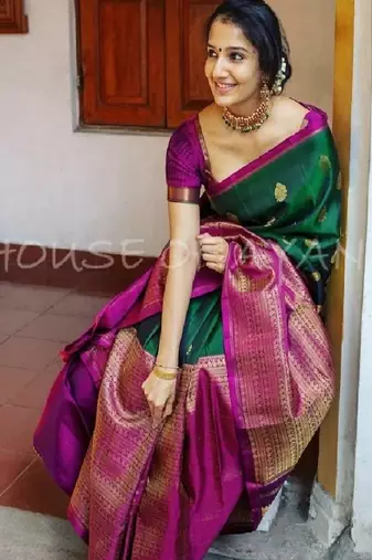 green silk blend banarasi saree with unstitched blouse piece