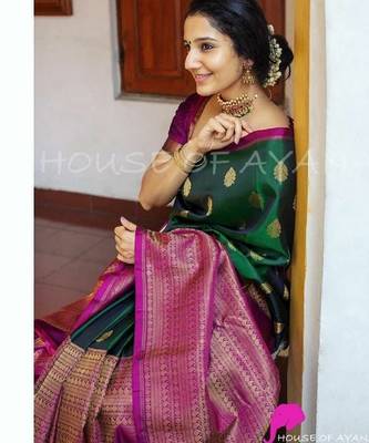 green silk blend banarasi saree with unstitched blouse piece 3
