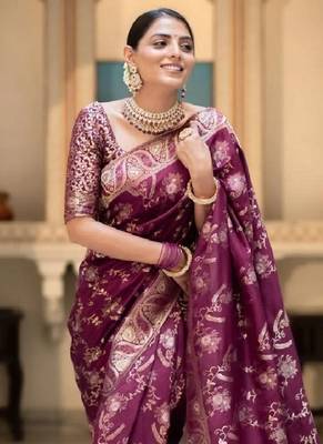 purplr silk blend banarasi saree with unstitched blouse piece 5