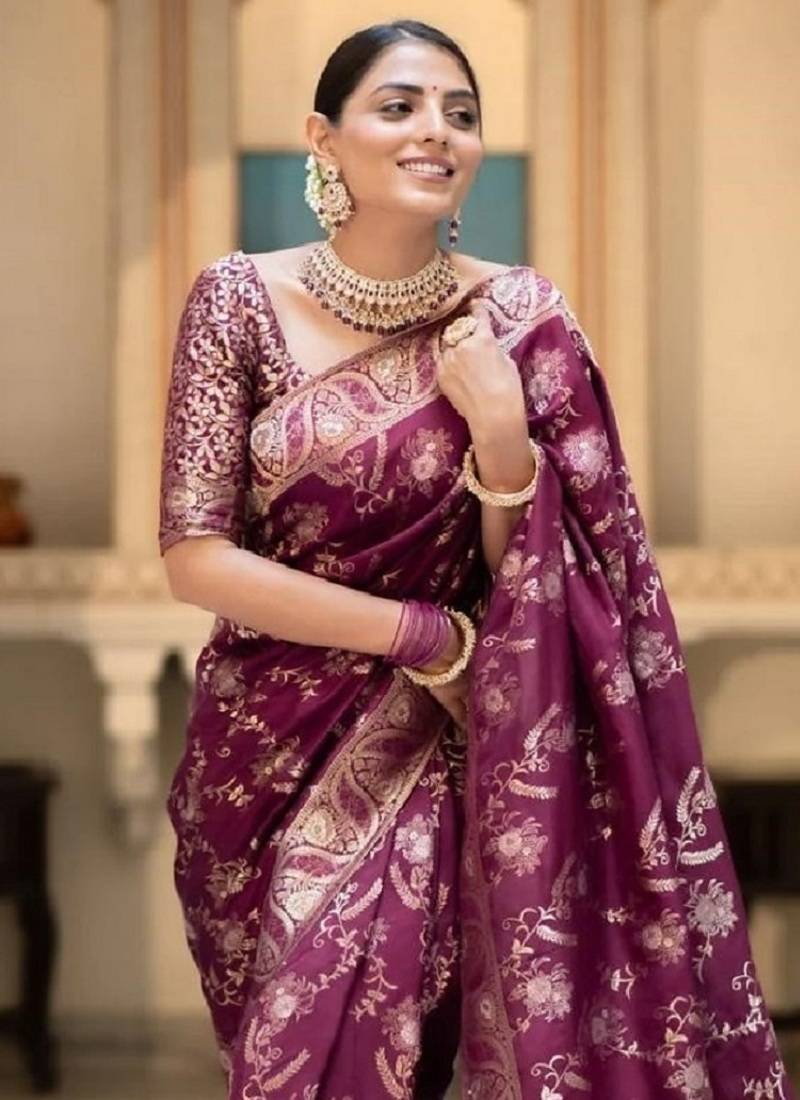 purplr  soft art silk banarasi jacuard work designer party wear saree with unstitched blouse piece