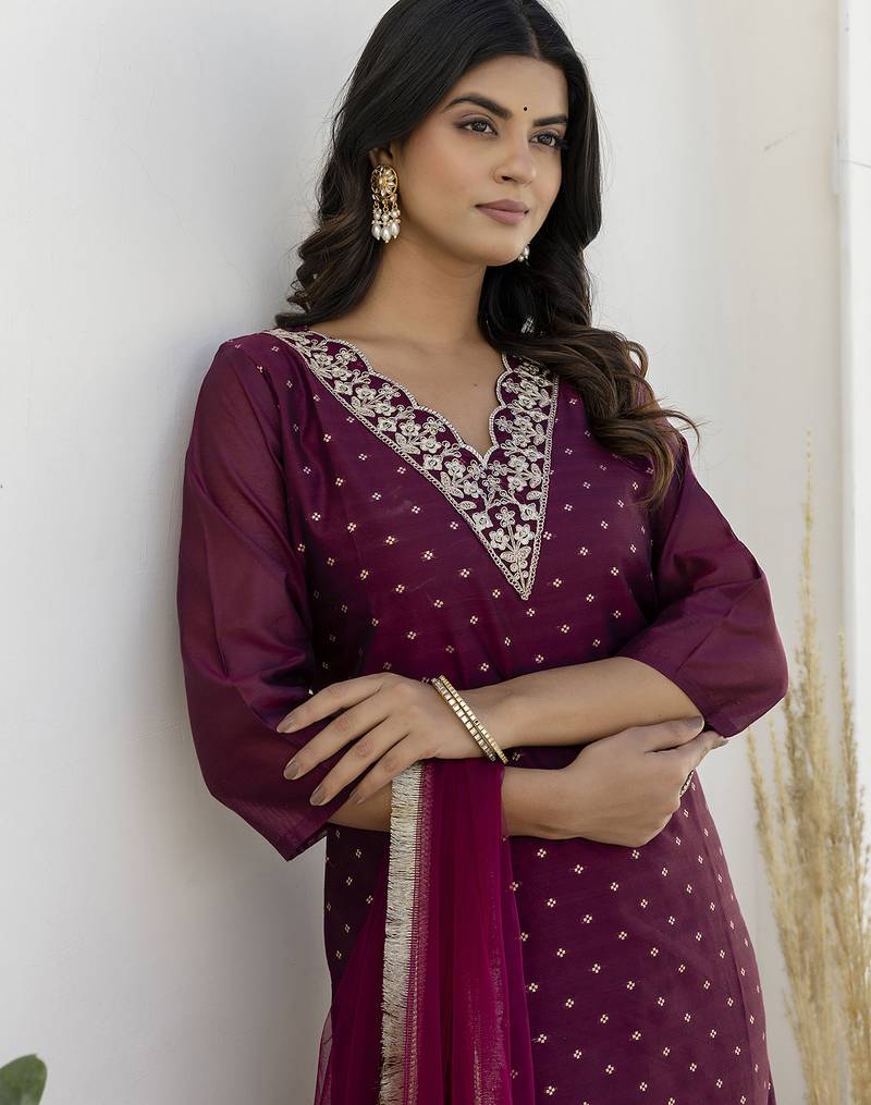 Purple women kurta pant dupatta set