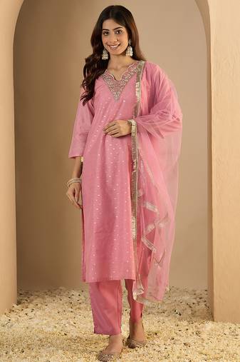 Pink women kurta pant dupatta set