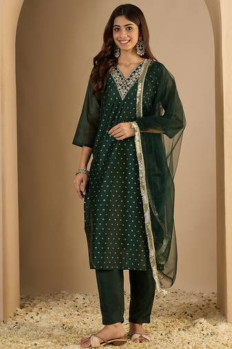 Green women kurta pant dupatta set