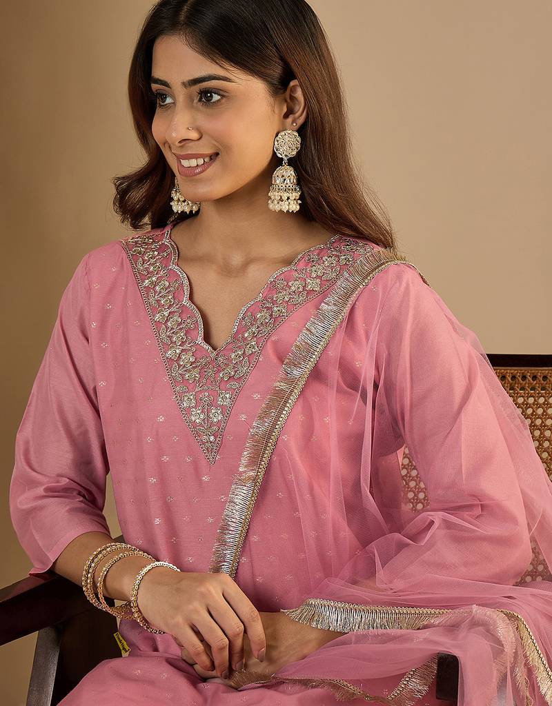 Pink women kurta pant dupatta set