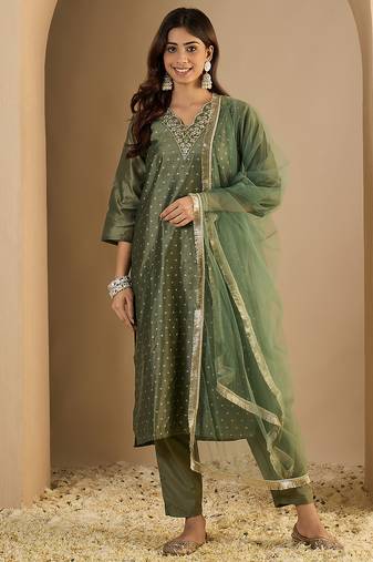 Dark green women kurta pant dupatta set