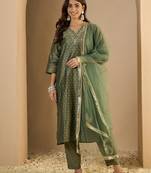 Dark green women kurta pant dupatta set