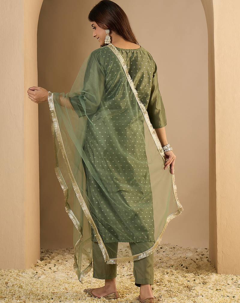 Dark green women kurta pant dupatta set