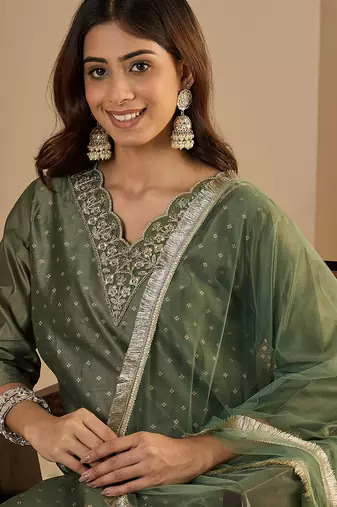 Dark green women kurta pant dupatta set