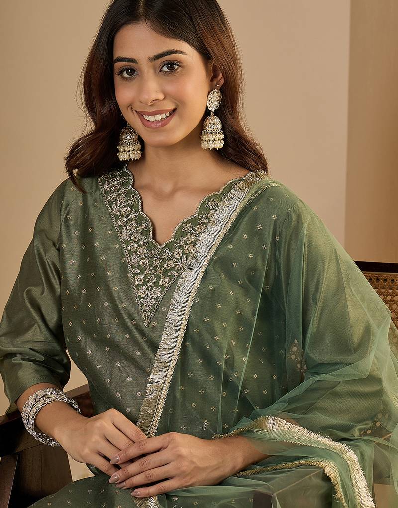 Dark green women kurta pant dupatta set