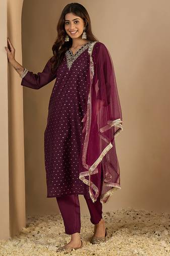Purple women kurta pant dupatta set