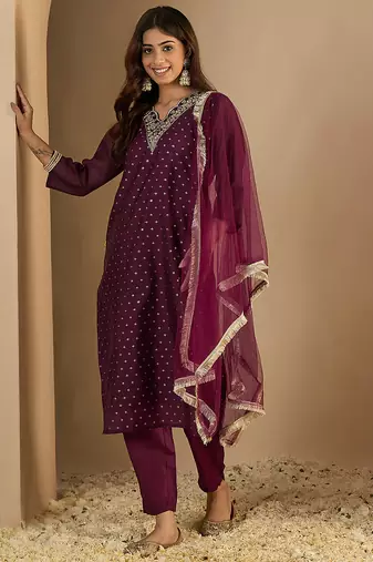 Purple women kurta pant dupatta set