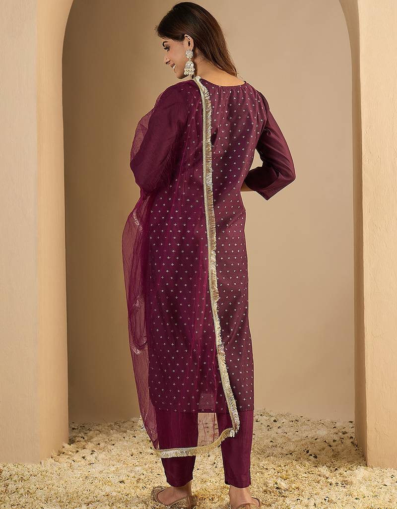 Purple women kurta pant dupatta set