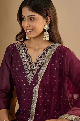 Purple women kurta pant dupatta set
