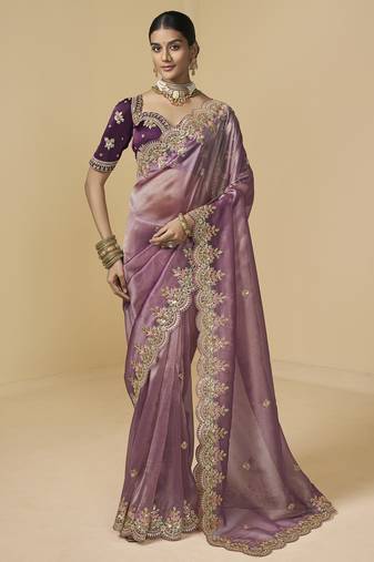 Purple embroidered tissue party wear saree with designer blouse fabric