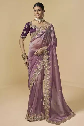 Purple embroidered tissue party wear saree with designer blouse fabric