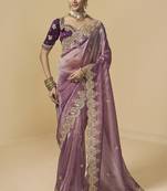 Purple embroidered tissue party wear saree with designer blouse fabric