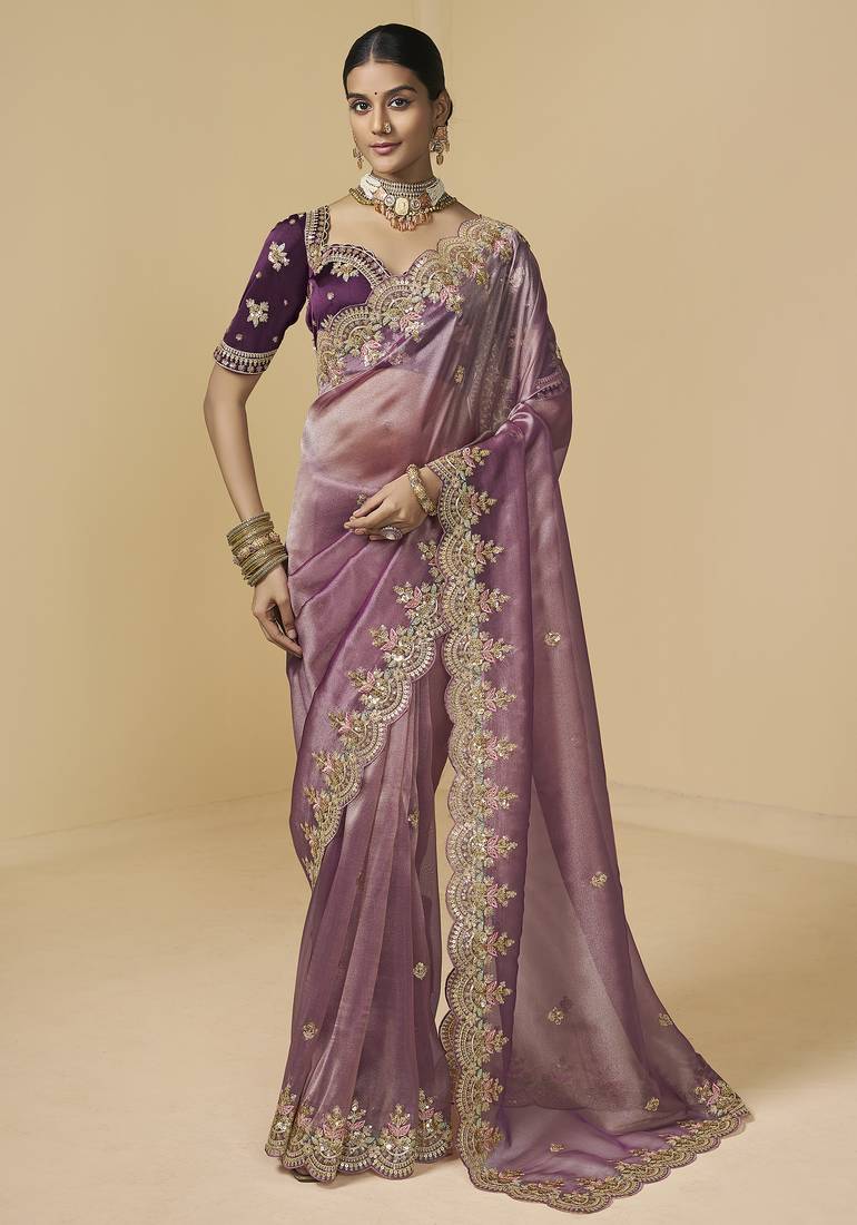Purple embroidered tissue party wear saree with designer blouse fabric