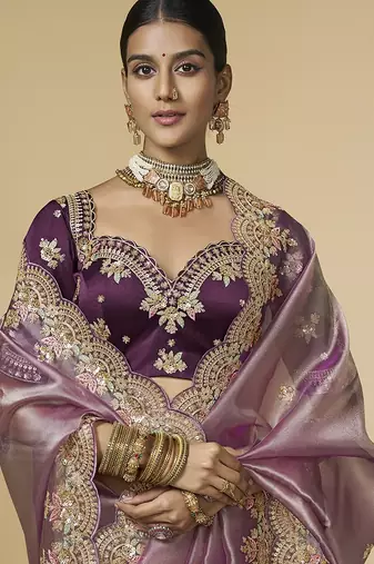 Purple embroidered tissue party wear saree with designer blouse fabric