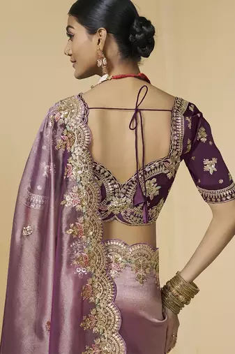 Purple embroidered tissue party wear saree with designer blouse fabric