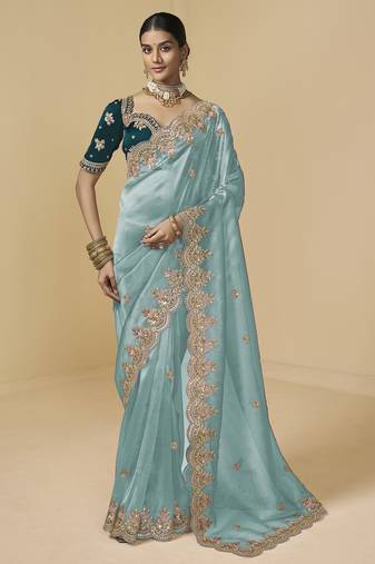 Sea-sky embroidered tissue party wear saree with designer blouse fabric