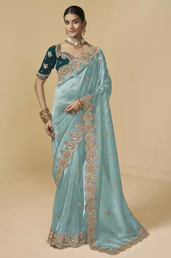 Sea-sky embroidered tissue party wear saree with designer blouse fabric