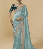 Sea-sky embroidered tissue party wear saree with designer blouse fabric