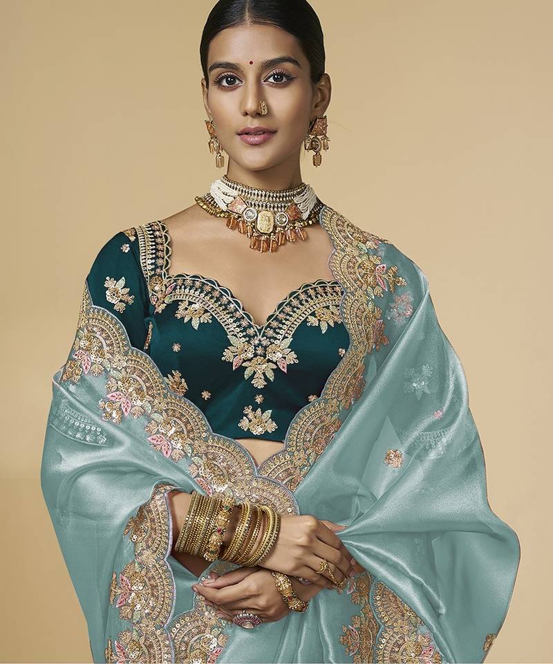 Sea-sky embroidered tissue party wear saree with designer blouse fabric