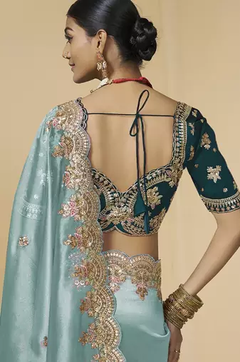 Sea-sky embroidered tissue party wear saree with designer blouse fabric