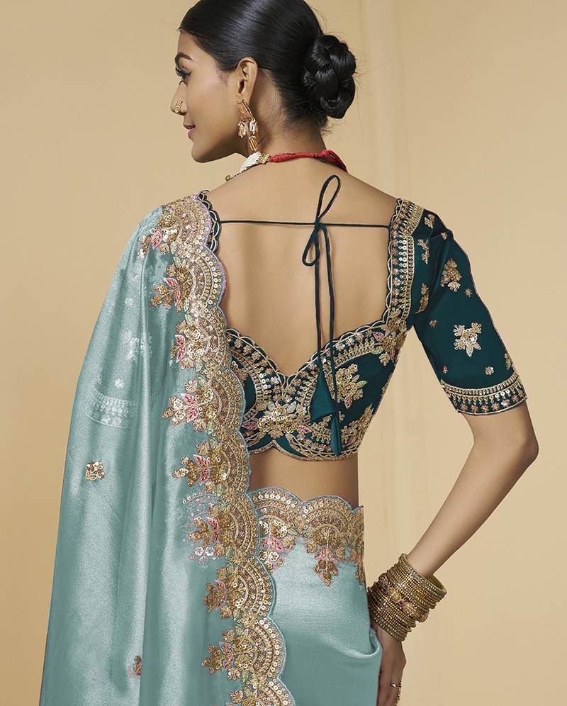 Sea-sky embroidered tissue party wear saree with designer blouse fabric