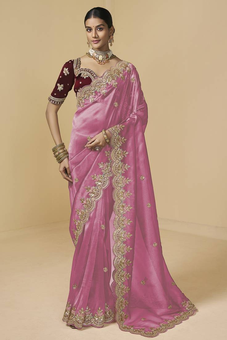 Pink embroidered tissue party wear saree with designer blouse fabric