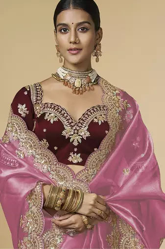 Pink embroidered tissue party wear saree with designer blouse fabric
