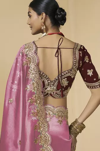 Pink embroidered tissue party wear saree with designer blouse fabric